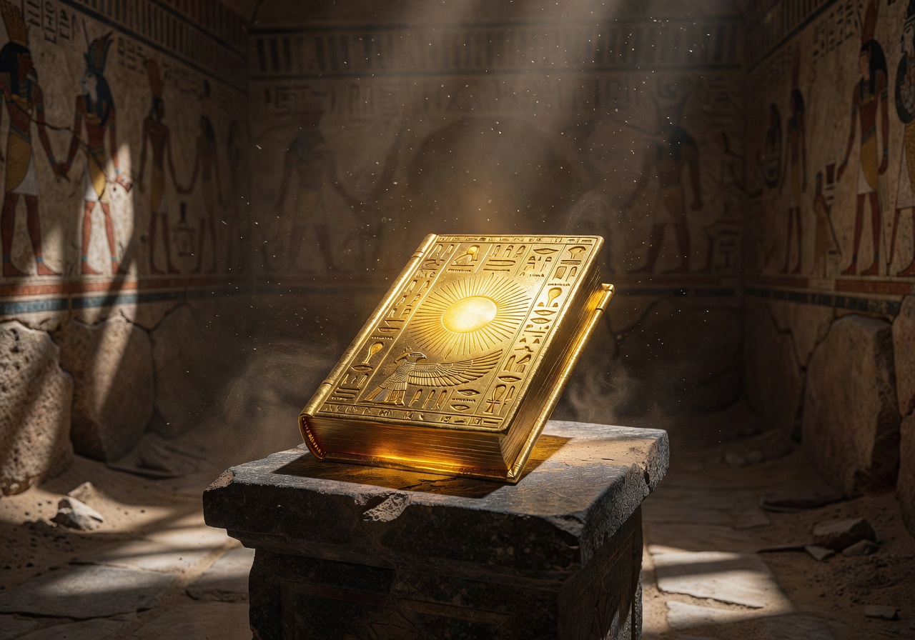 Ancient Egyptian Book of Ra glowing golden artifact